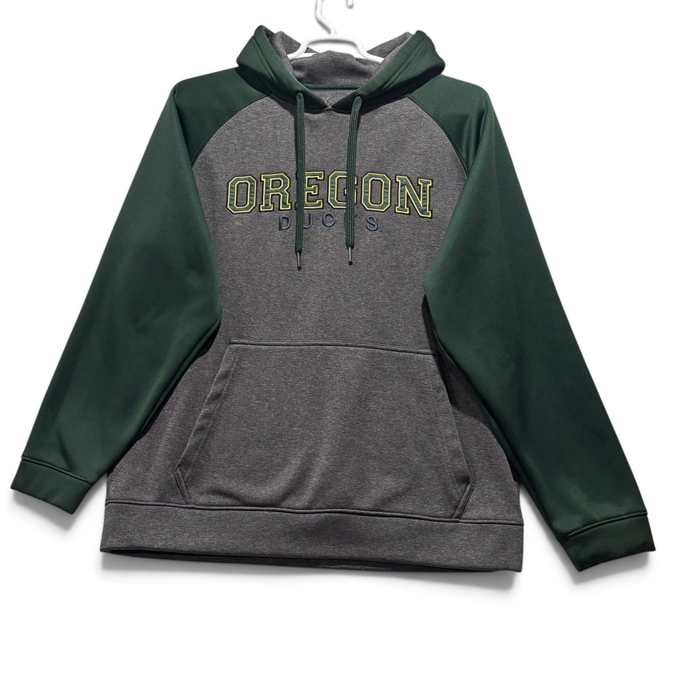 Oregon Ducks Mens Raglan Hoodie Green Charcoal Heather Fleece Pullover Apx XL